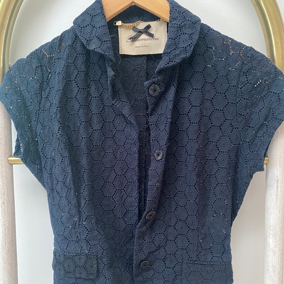 BLUMARINE Navy Eyelet Short Sleeve Summer Pockets Blazer Blouse Top Sz XS Italy - Picture 1 of 7